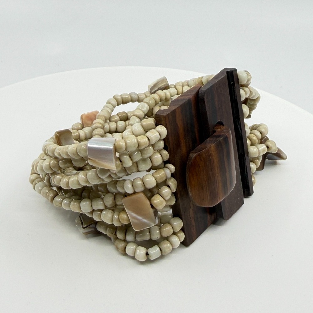 Boho Wood & Shell Multi-Strand Bracelet Statement Chunky Layered Natural Design